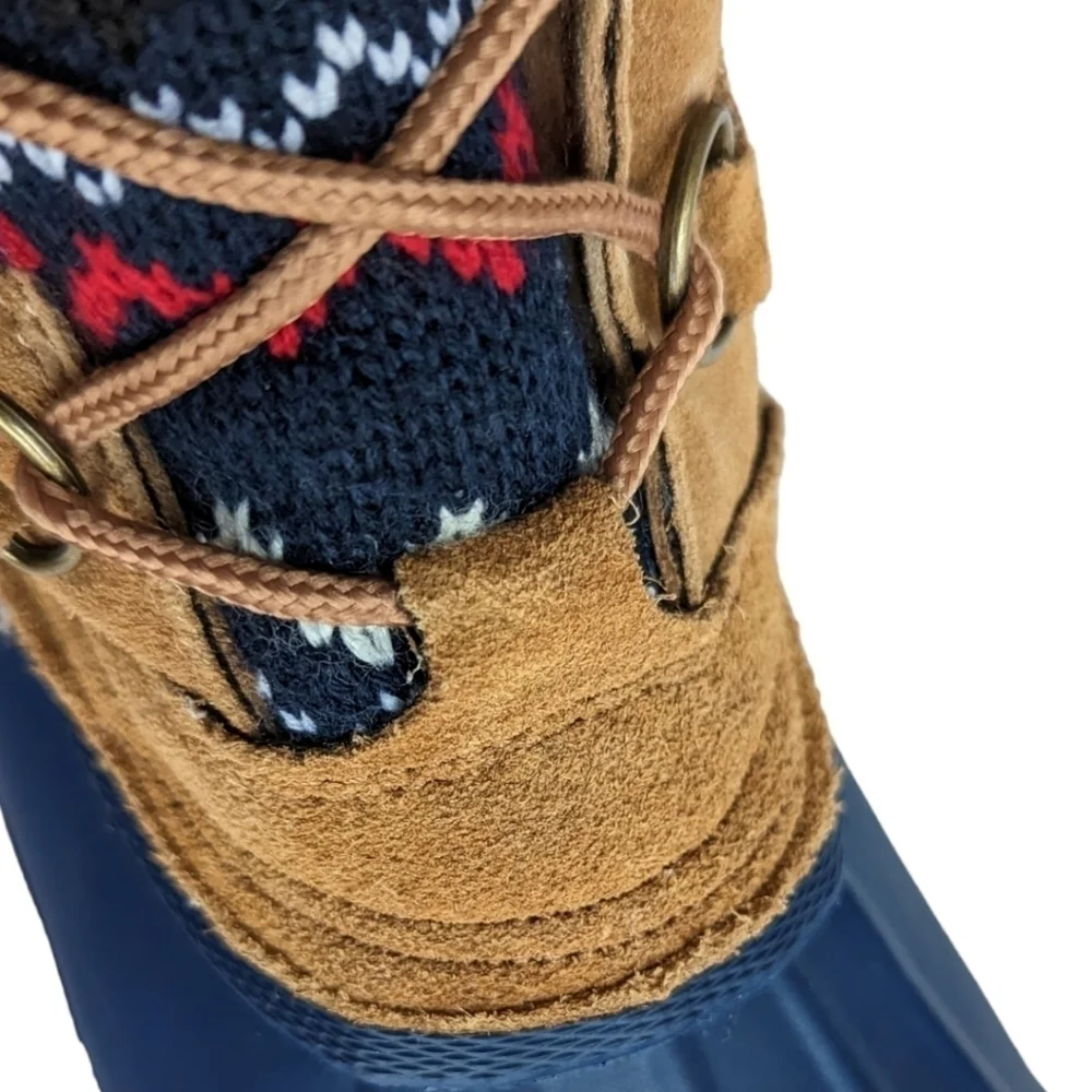 Khombu Vail Women's Blue Rubber Tan Suede Snow Duck Boots Colorful Knit Accent 6